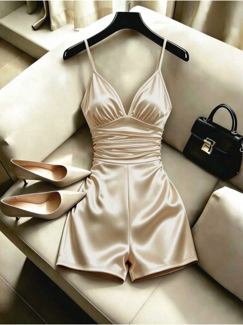 Elegant Satin Ruched Cami Romper in Champagne